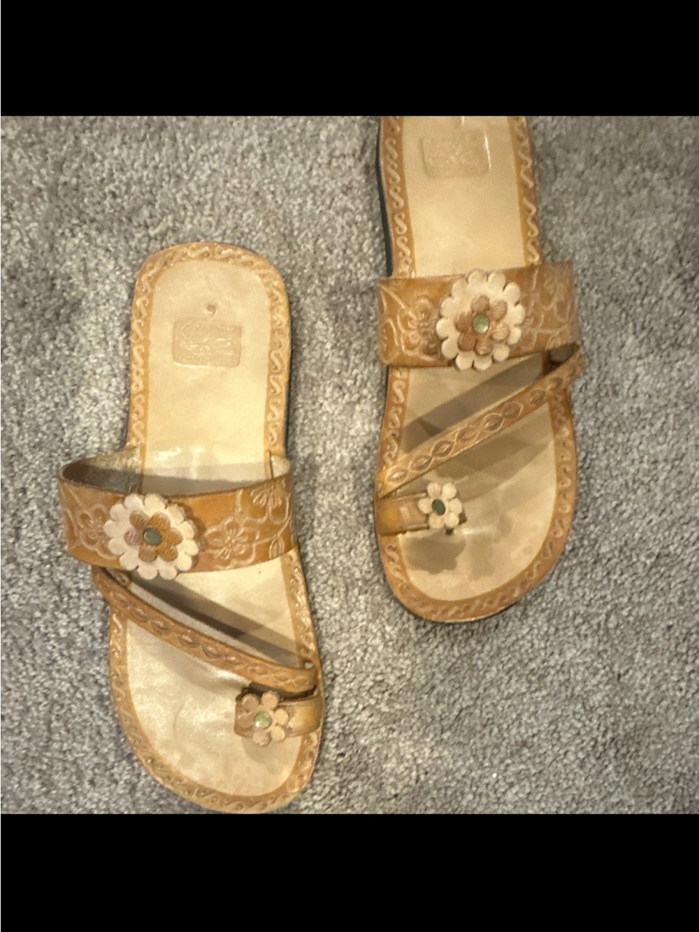 Women’s Tan Floral Leather Slide Sandals